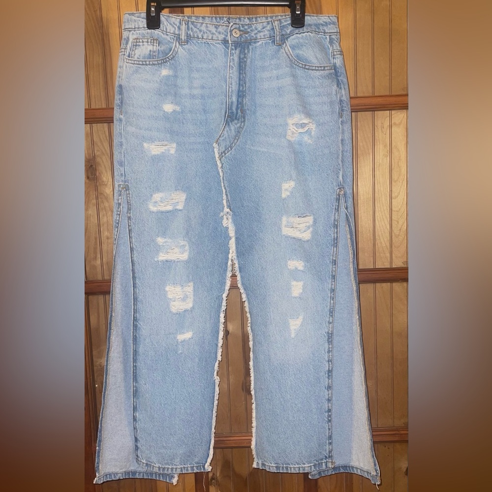 Light Blue High Splits Distressed Women's Jeans Skirt